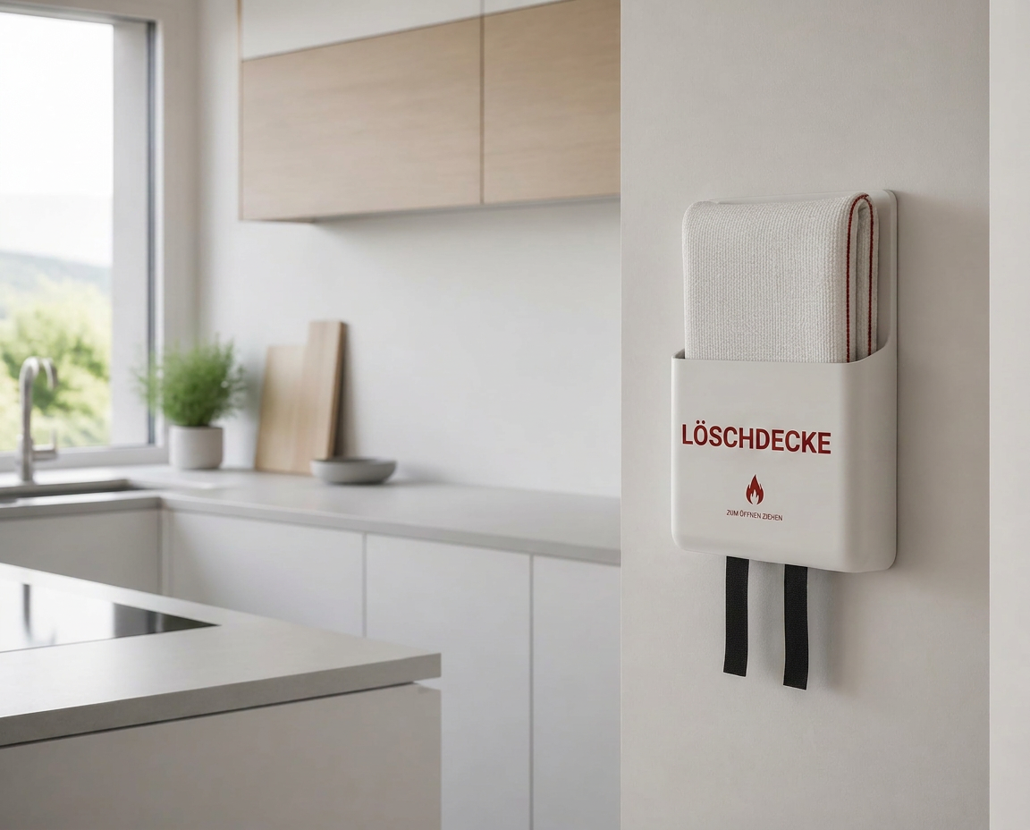 Löschdecke in einer hellen, modernen Küche